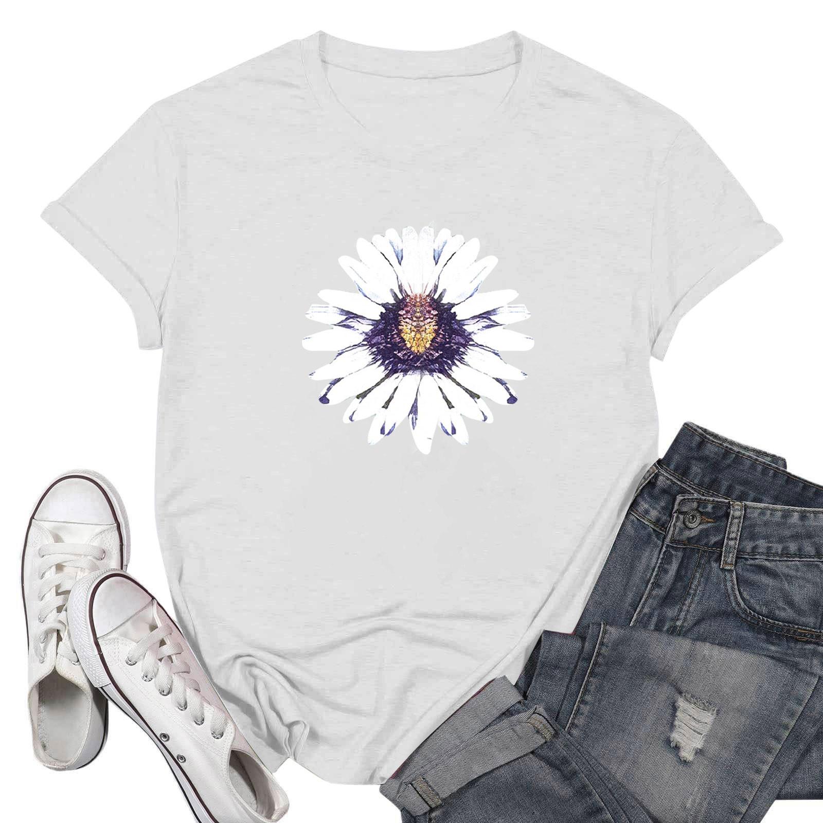 

Женская повседневная футболка с принтом хризантемы, пуловер с круглым вырезом, топ с короткими рукавами XL белый