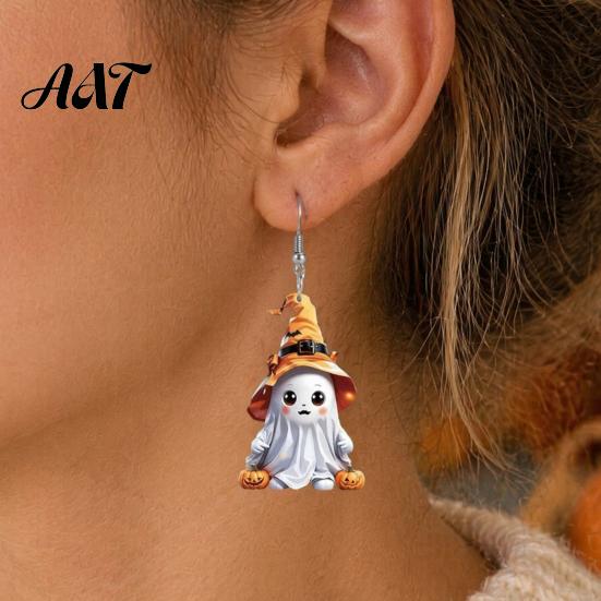 Holiday Themed Jewelry 1 Pair Halloween Cute Ghost Earrings, Acrylic Dangle Earrings with Witch Childlike Accessories Hat Pumpkin Bat, Anti-Rust Metal