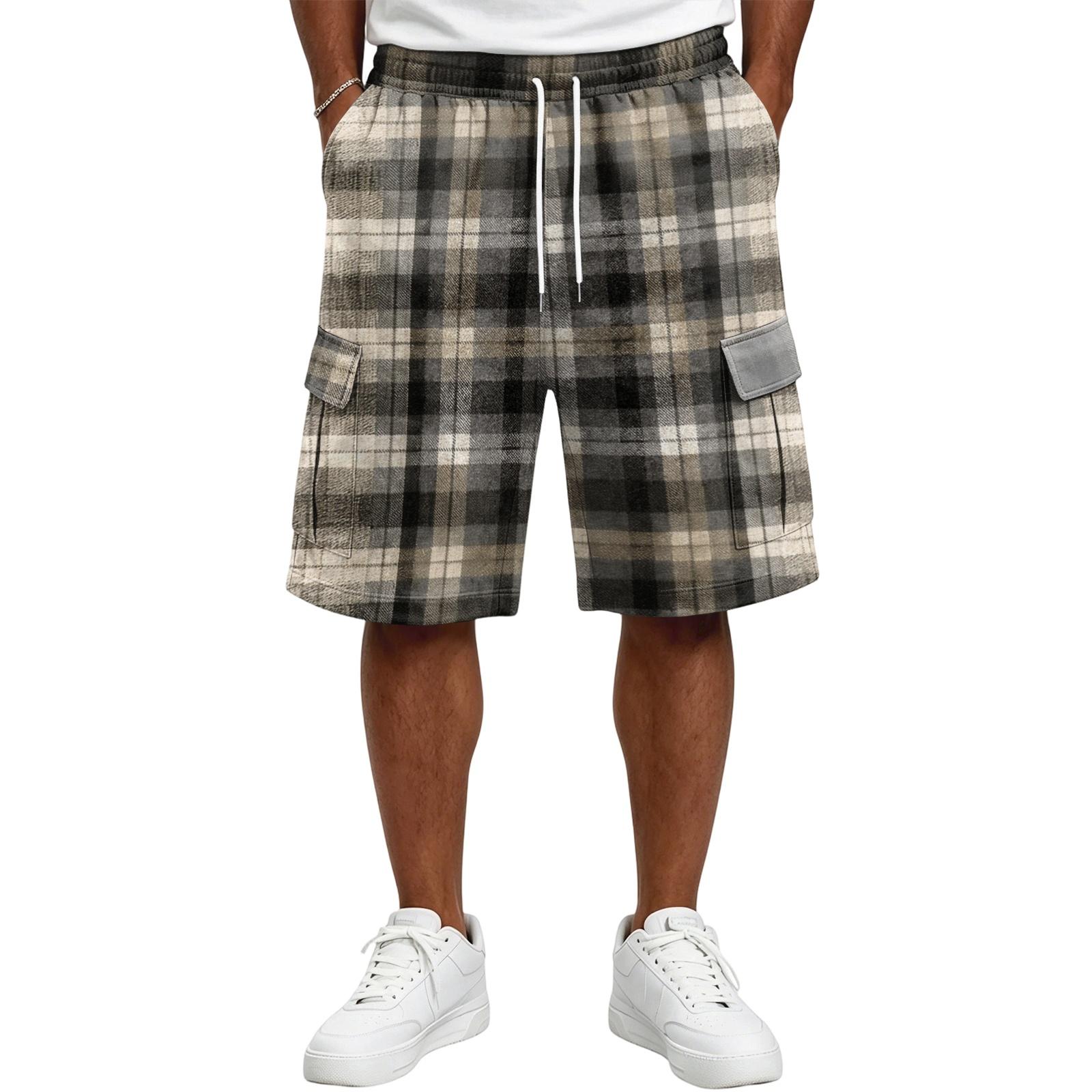 Herren Freizeit karierte Cargoshorts mit Kordelzug Lockerer Schnitt Leicht Atmungsaktiv Sommer Strandshorts mit mehreren Taschen für den Alltag L gray