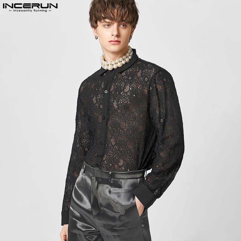 

INCERUN Весенние мужские кружевные прозрачные сетчатые топы с длинными рукавами и пуговицами