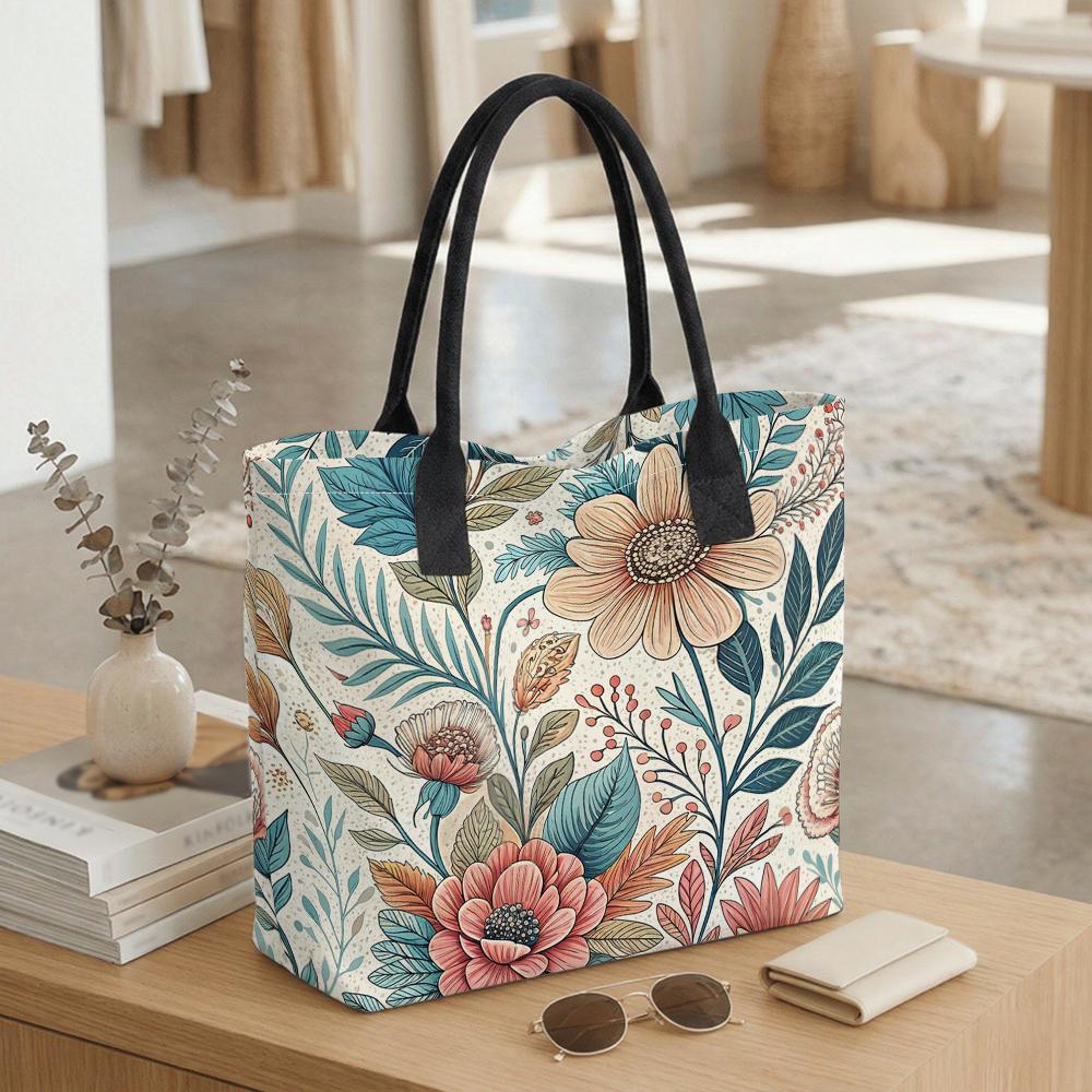  Boho Floral Print Canvas Tote Bag Casual Large Capacity Daily Handbag