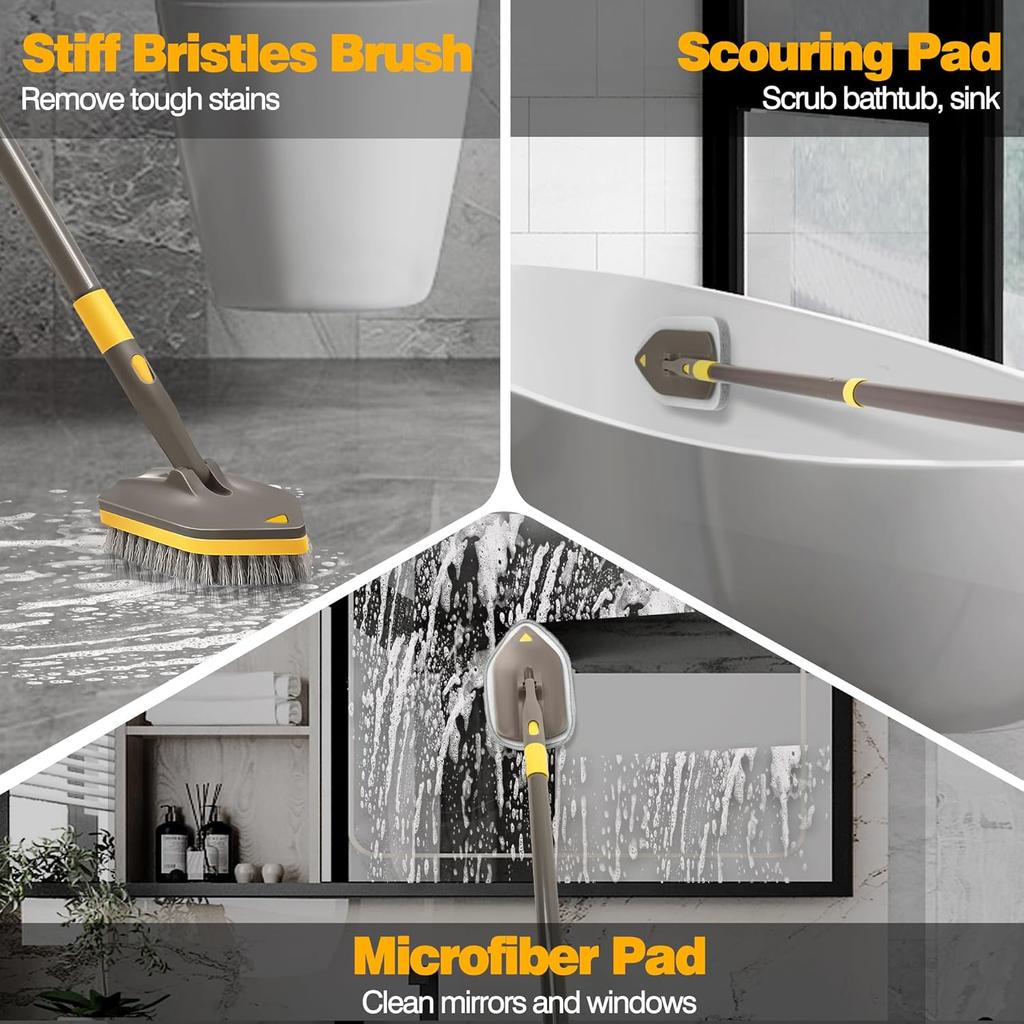Shower Cleaner Brush,Tub Tile Scrubber with Telescopic Long Handle,4 Scrub Heads for Cleaning Bathroom Bathtub Floor Baseboard Sink Kitchen Toilet