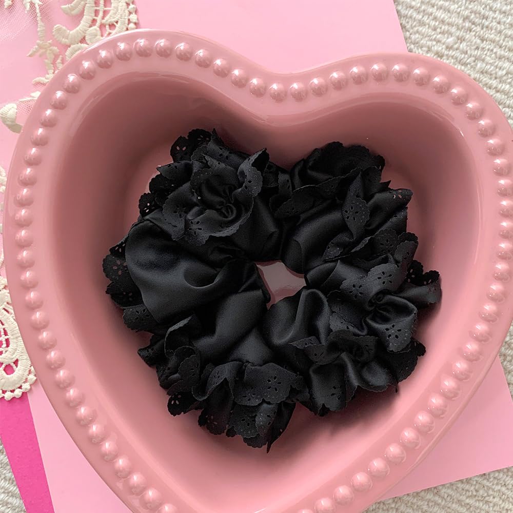 Schwarzes Satin-Haargummi mit Spitzen-Ausschnitt, Farbauswahl, Schonend für das Haar, Hohe Elastizität, Stilvolles Haaraccessoire für Damen, Muttertagsgeschenk