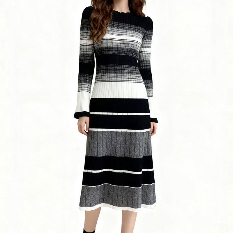 Damen Vintage Gestreiftes Strickpulloverkleid Mode Midikleid Herbst Winter Warme Kleidung