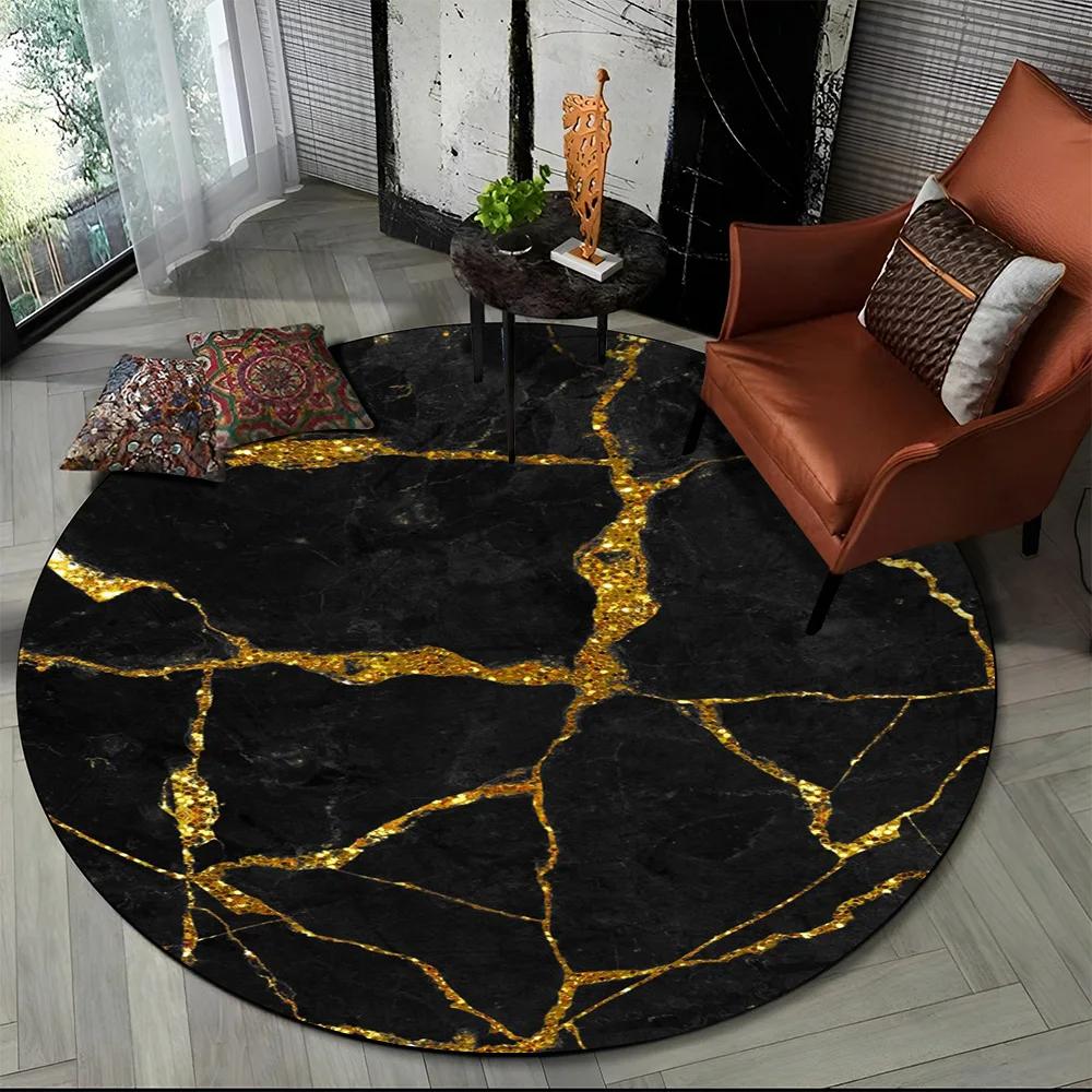 3D Luxurious Colour Marble Blue Green Gold Round Carpet Rug for Living Room Bedroom Child Chair Decor,Pet Area Rug Non-slip Mat