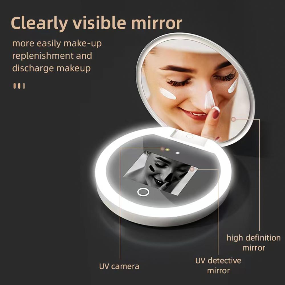Sunscreen UV Mirror with UV Camera for Sunscreen Test LED Fill Light 3 Light Mode Travel Makeup Mirror Handheld Make Up Mirror