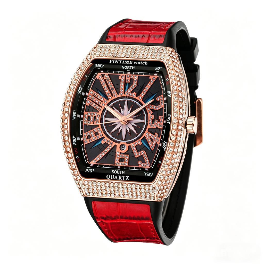 Men's Quartz Watch - Barrel-Shaped Starburst Silicone Strap Watch, Vintage Large Dial Quartz Watch with Boat Embellishments and