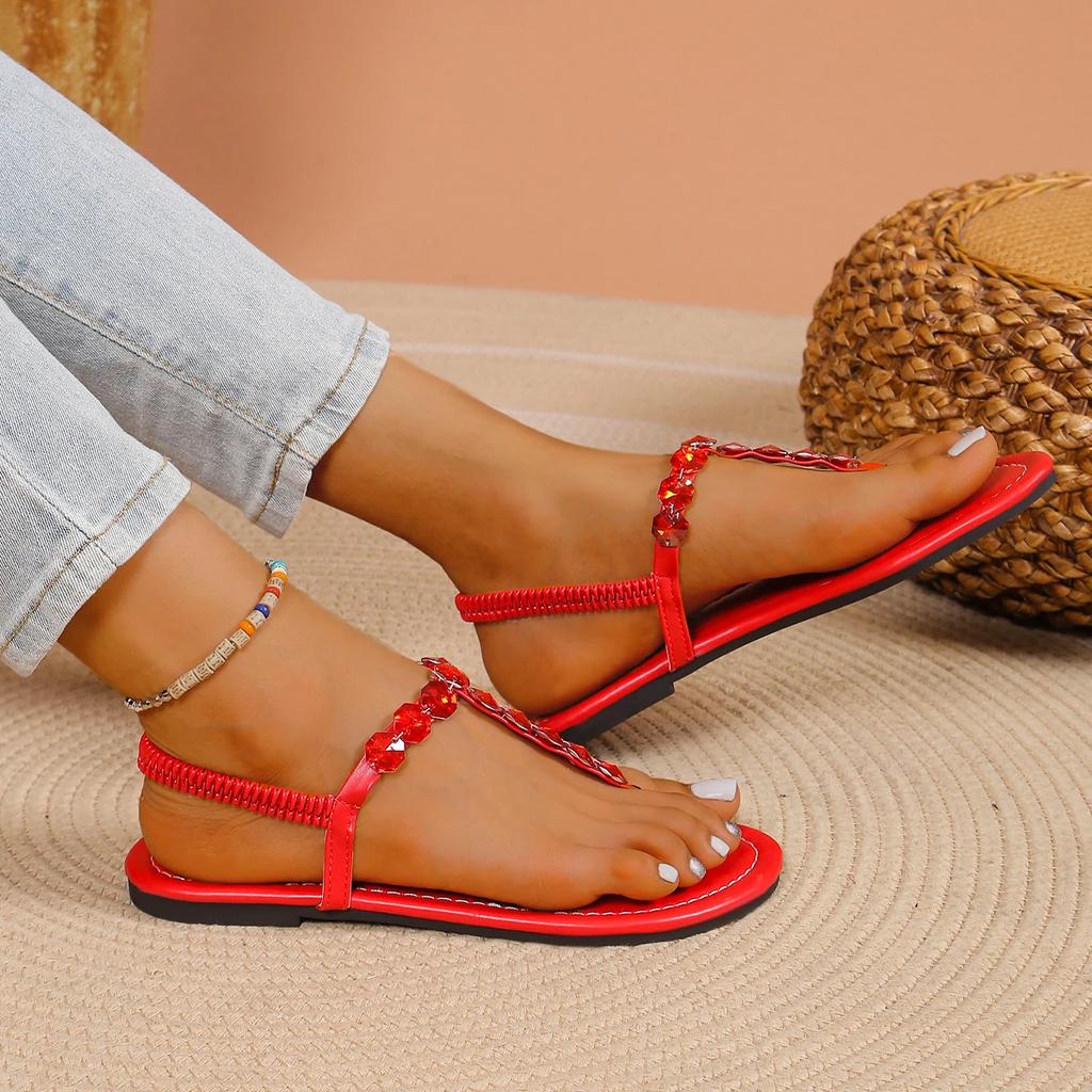 Fashion Rhinestone Decor Women Beach Shoes Women's Solid Color Thong Sandals Elastic Ankle Strap Lightweight Soft Sole Glitter Shoes