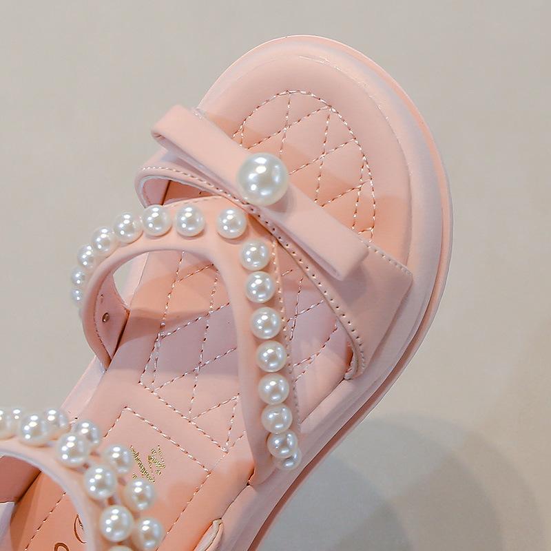Girls Sandals High Top Hook&loop Kids Princess Shoes Sweet Bows Beading 2025 Summer New Children Beach Shoes Open Toes Soft Sole