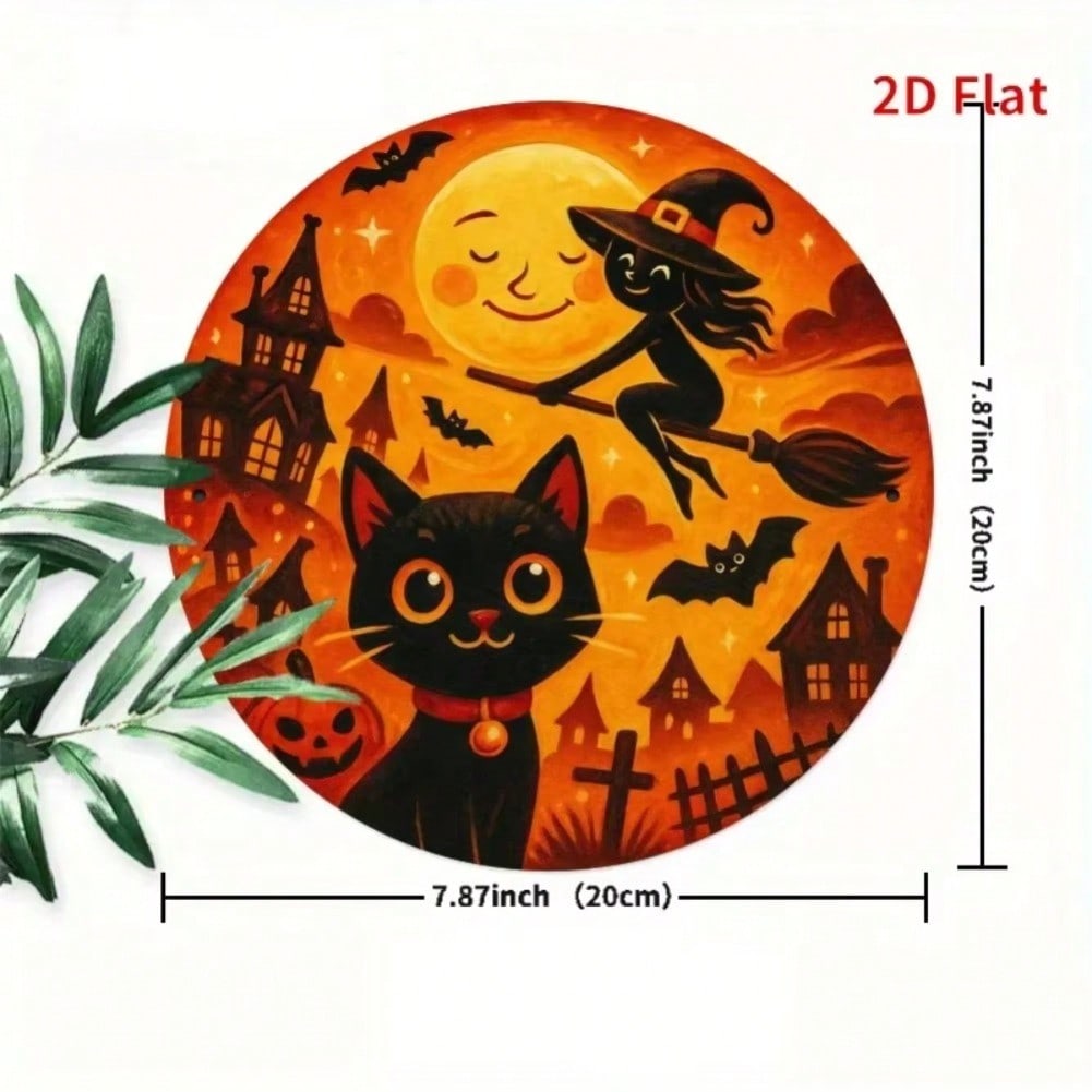 Vintage Halloween Iron Sign Black Cat Witch Wall Art Home Decor 20x20