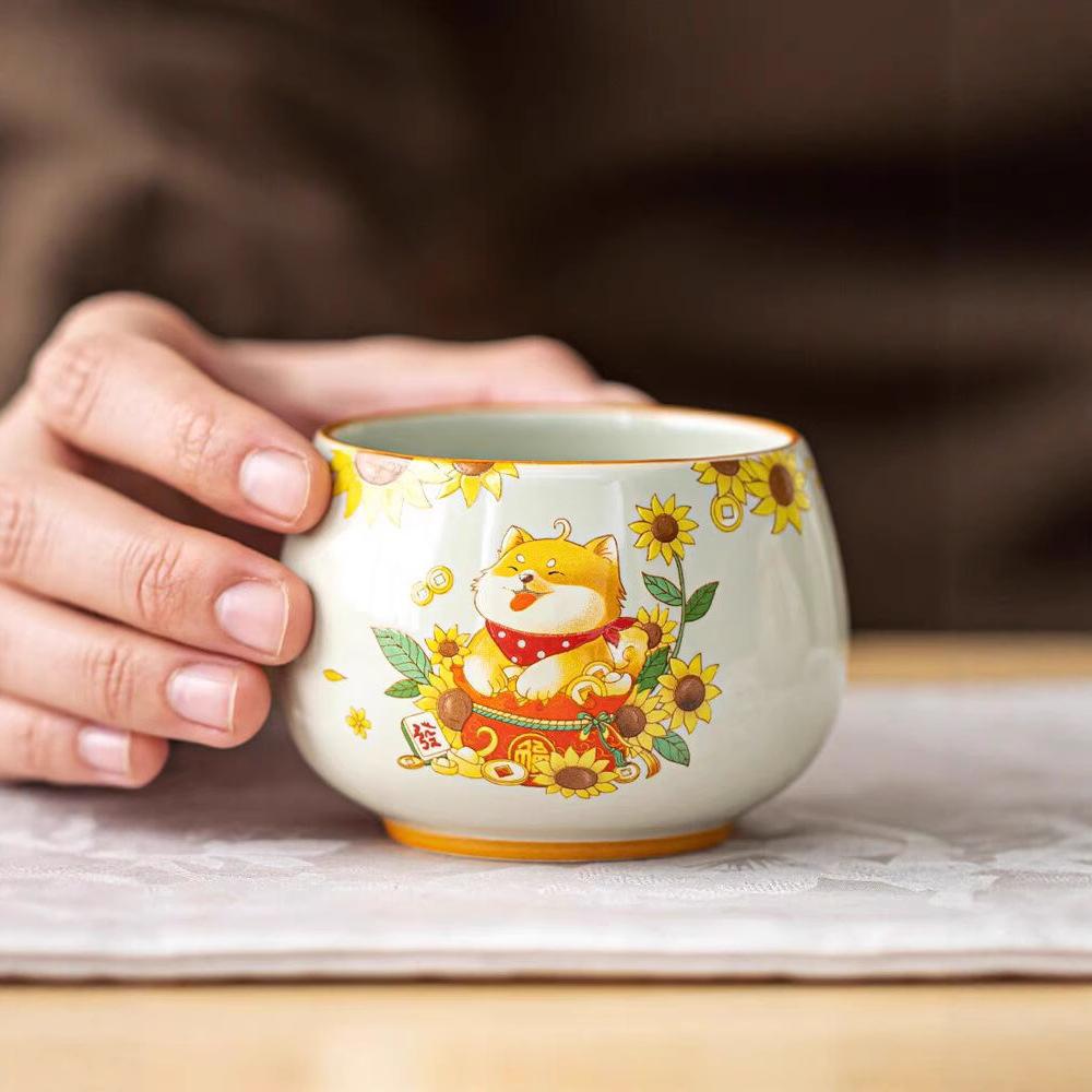 Grass And Wood Ash Small Fresh And Cute Rich Dog Arhat Cup Exquisite Teacup Ceramic Home Master Cup Single Cup Girls Tea Set