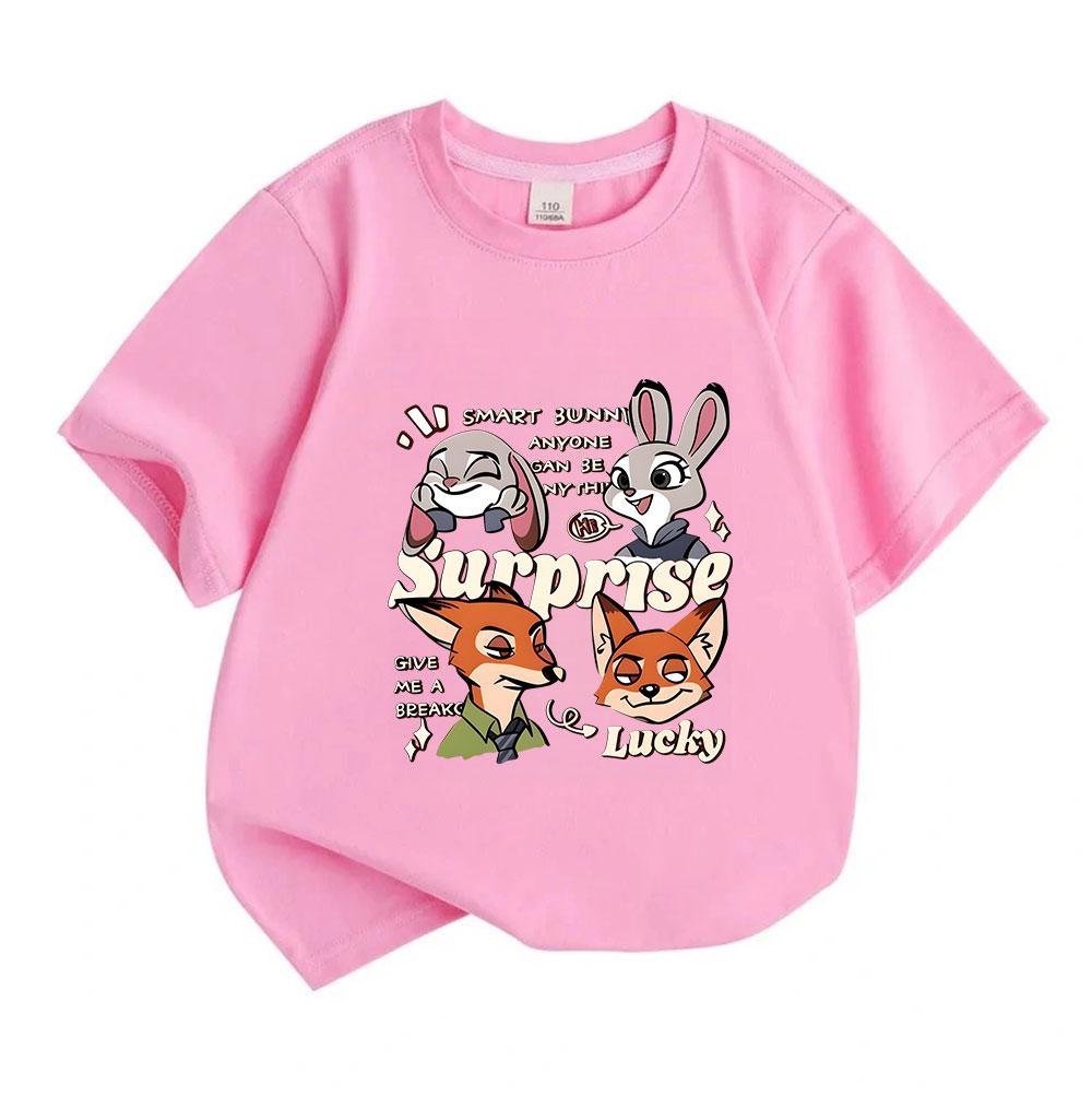 Kids Boys Girls 100% Cotton Crew Neck Short Sleeve T-Shirt, Cute Cartoon Fox Rabbit Print Casual Lightweight Summer Tee for Daily Wear