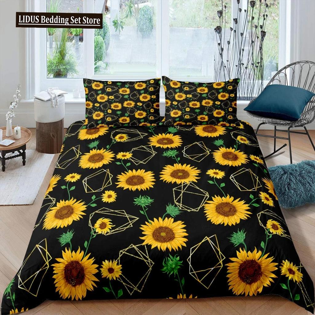 Vintage Sunflowers Duvet Cover Set Letters Bedding Set Letters And Sunflowers Printed Retro Girls Queen Size 23pcs Quilt Cover