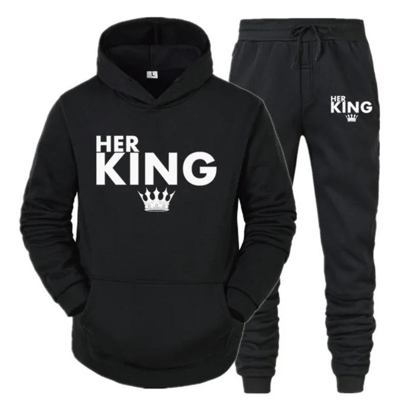 Lover Her QUEEN or His KING Printed Tracksuits Couple Hoodies Outfit Suits Casual Hooded Sweatshirt + Sweatpants Two Piece Set Sport Wear Men’s
