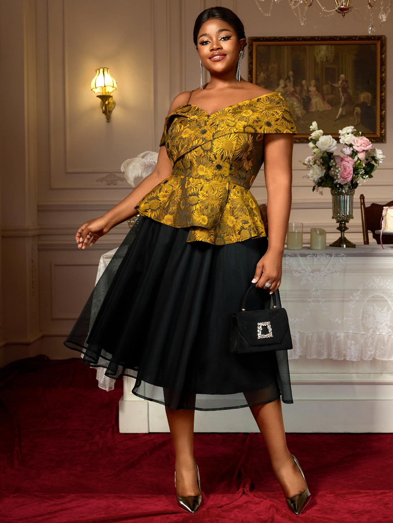 

Two Piece Sets for Women Cold Shoulder Peplum Top Mesh A Line Skirt Set with Floral Jacquard for Cocktail Party and Special Occasion 0XL жовтий