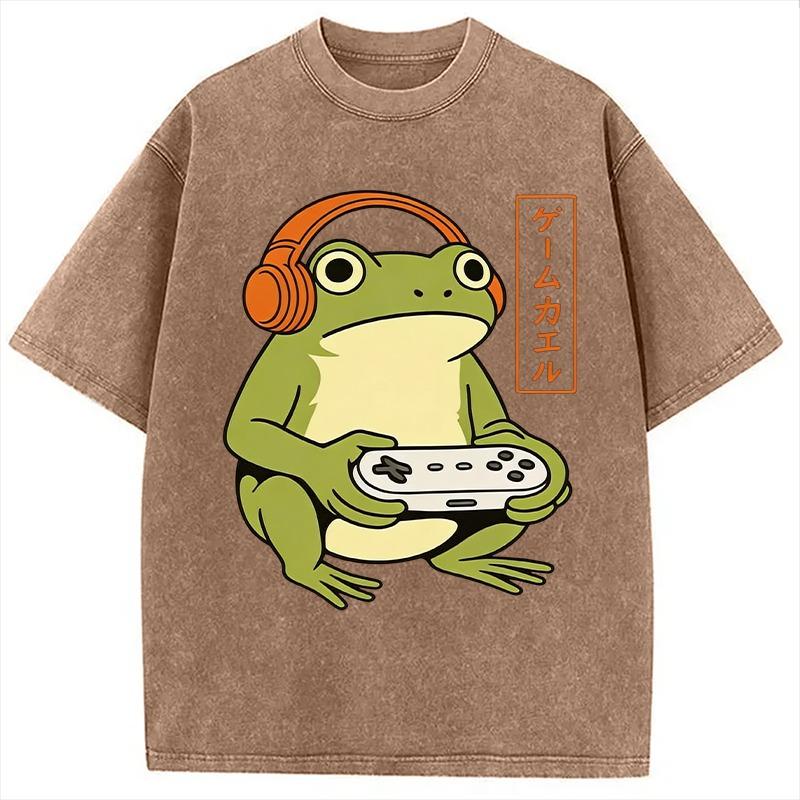 Japanese Gamer Frog Washed T-Shirt Fashion Summer Cotton Harajuku Sports Tees Y2K Vintage Holiday Tunics Unisex