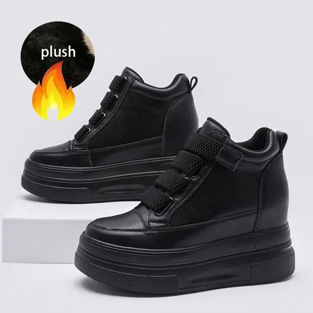 10cm Ankle Boots Genuine Leather Women Wedge Shoes Platform Sneakers High Heel Spting Autumn Plush Casual HighShoes