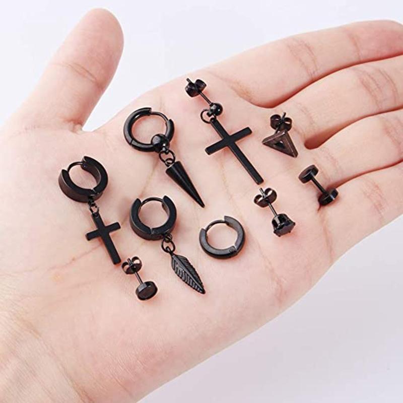12 Pair Earrings Black Stud Earrings Stainless Steel Hoop Earrings Set Jewelry Piercings for Men Women Punk Gothic Style