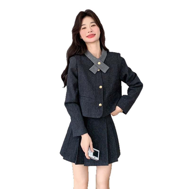 Gray Korean Fashion Bow Top & Pleated Skirt Two-Piece Set for Women - Autumn 2025