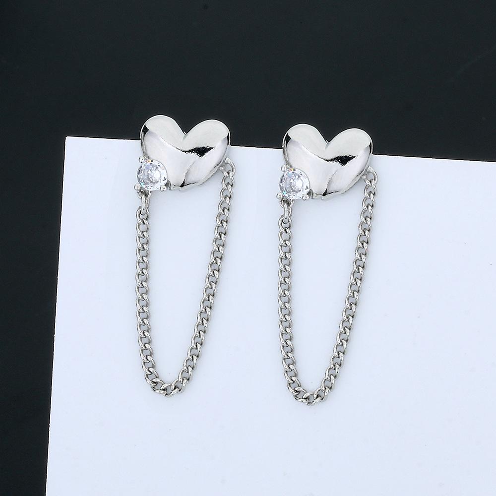Metal Flash Diamond Chain Love Earrings Cute Girl Personality Punk Heart Earrings Medium And Long Flow Ins