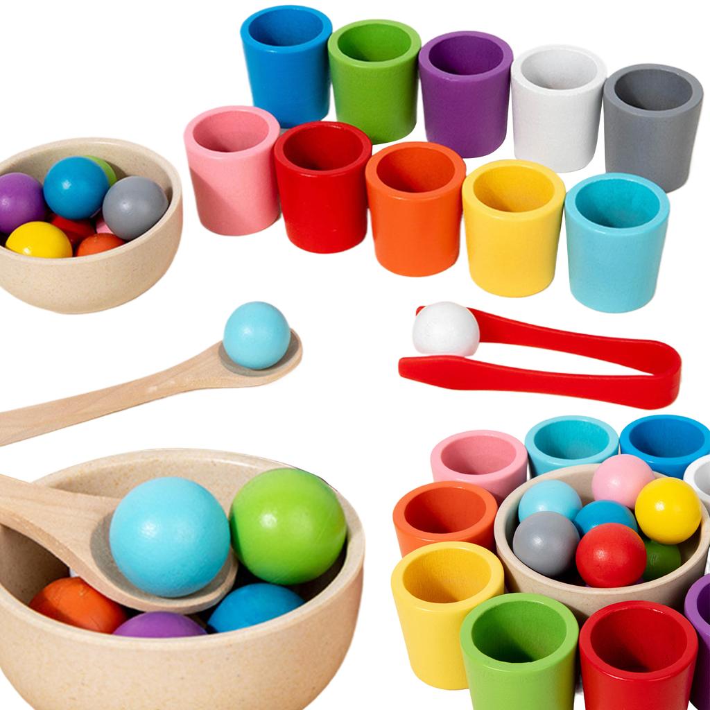 Rainbow Balls In Cups Wooden Matching Games Learning Color Sorting and Counting Activities Balls Montessori Toys for Toddlers