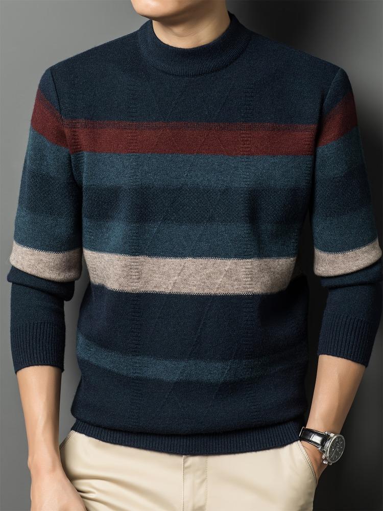 All Match Knitted Color Block Sweater, Men's Casual Warm High Stretch Crew Neck Pullover Sweater For Men Fall Winter