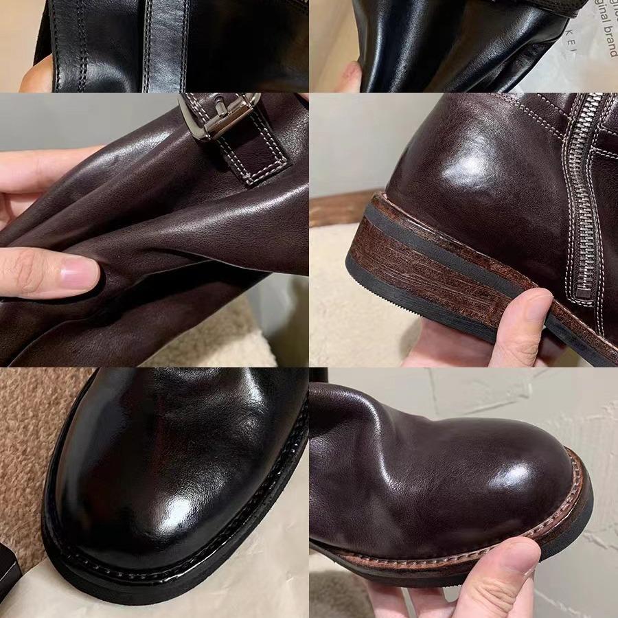 Wyprawiona skóra bydlęca~ skóra naturalna czarne retro botki wszechstronne i wysmuklające gruby obcas jeździeckie botki damskie wysokie botki