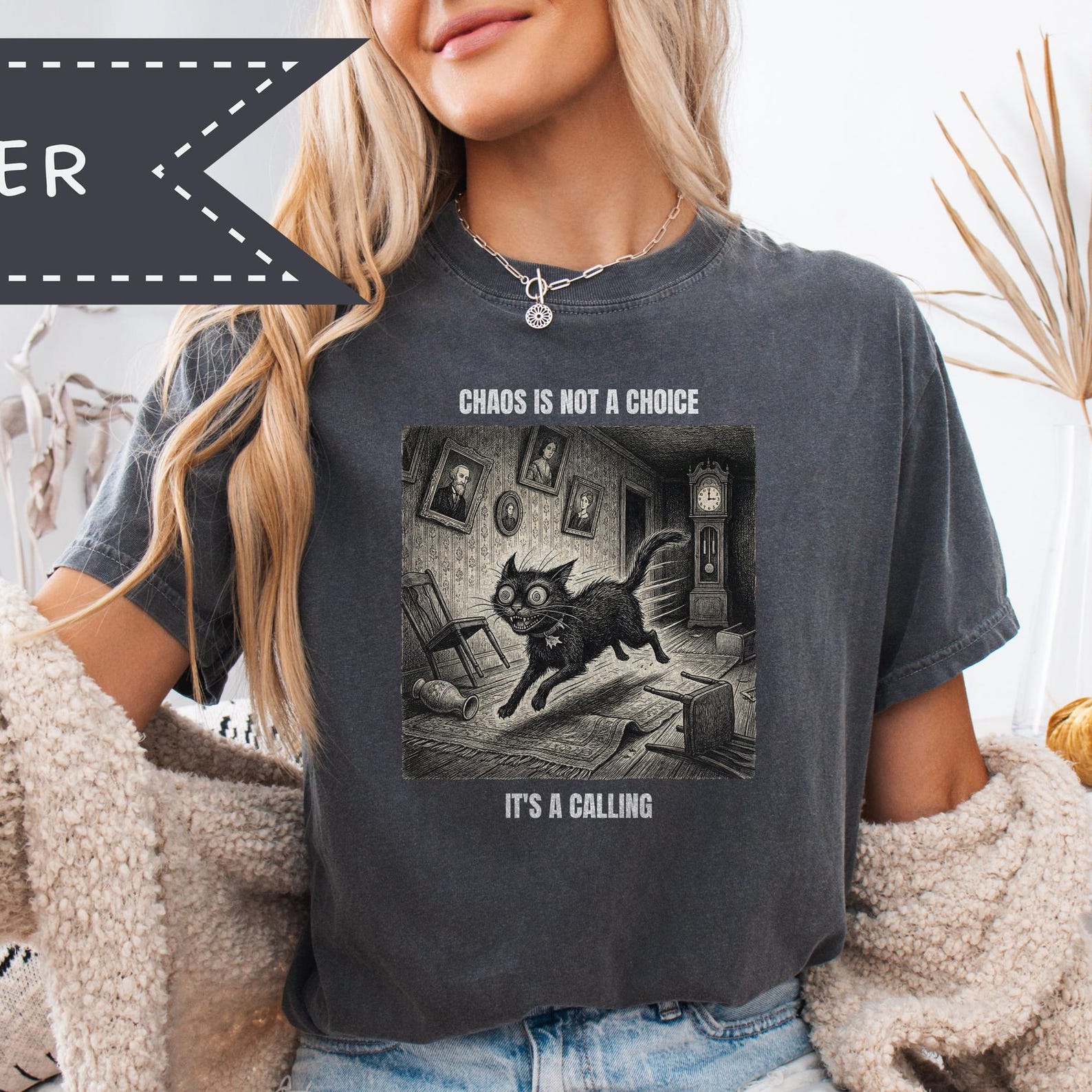 Chaos is Not a Choice It s A Calling, Graphic Cat T-Shirt, Punk Witchy Cat Art S