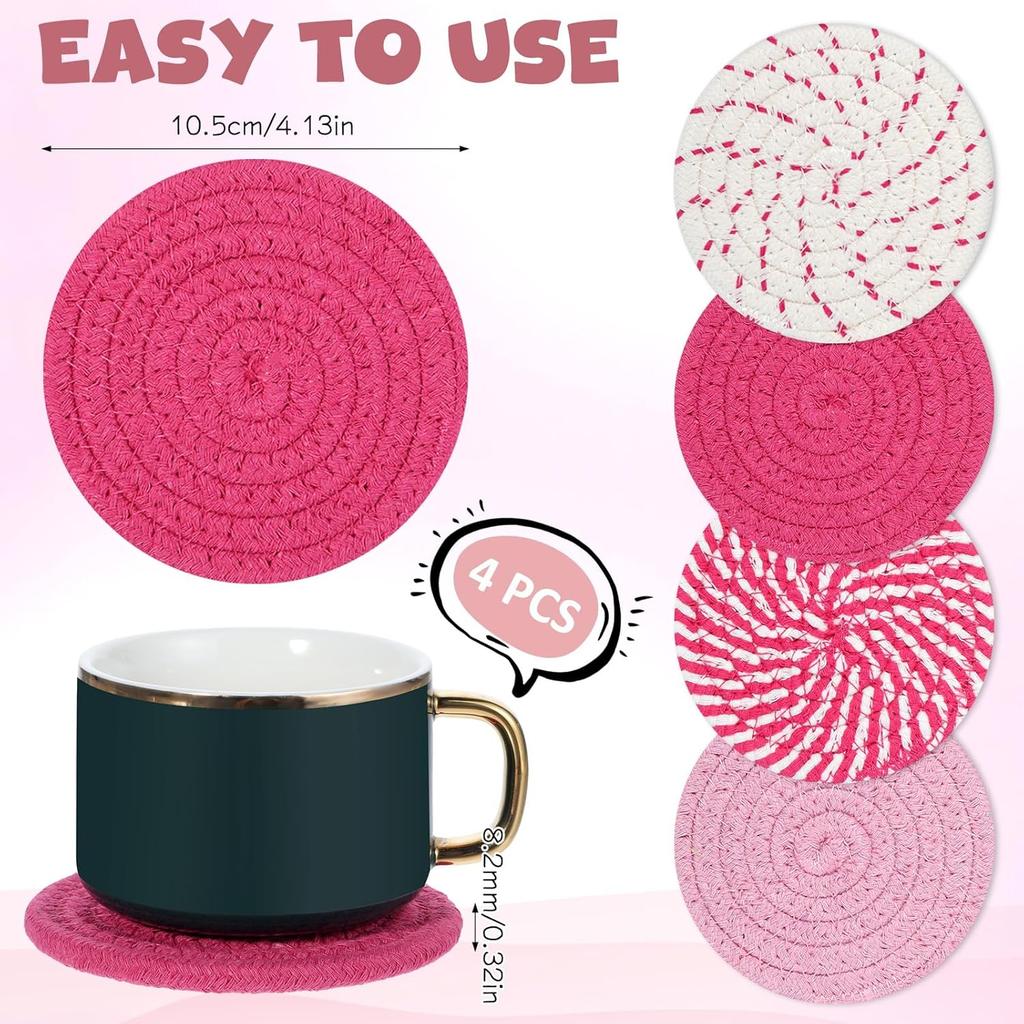 Pink Woven Coasters, 4.13in/10.5cm Round Pink Coaster for Desk Cute Coasters Set of 4 for Kitchen Dining Coffee Table Desk Accessories Aesthetic