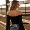 Women S Solid Tassel Off Shoulder Long Sleeve Fitted T Shirt