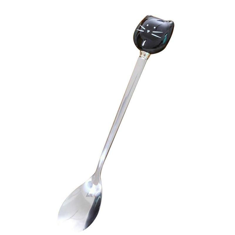 1PC Cat Ceramic Spoons Stainless Steel Cartoon Ice Cream Sugar Tea Dessert Spoon