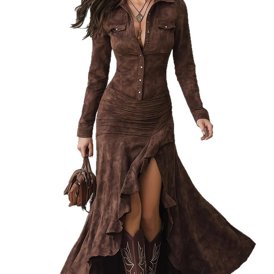 Burgunderrotes Hemdblusenkleid mit Fischschwanzsaum und Seitenschlitz