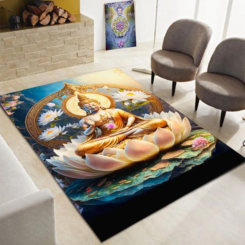 Buddha Teppich, Buddhismus Bereichsteppiche für Schlafzimmer Wohnzimmer Eingangsbereich, Buddha Statue Muster Meditation Bodenmatte Rutschfester Yoga Teppich