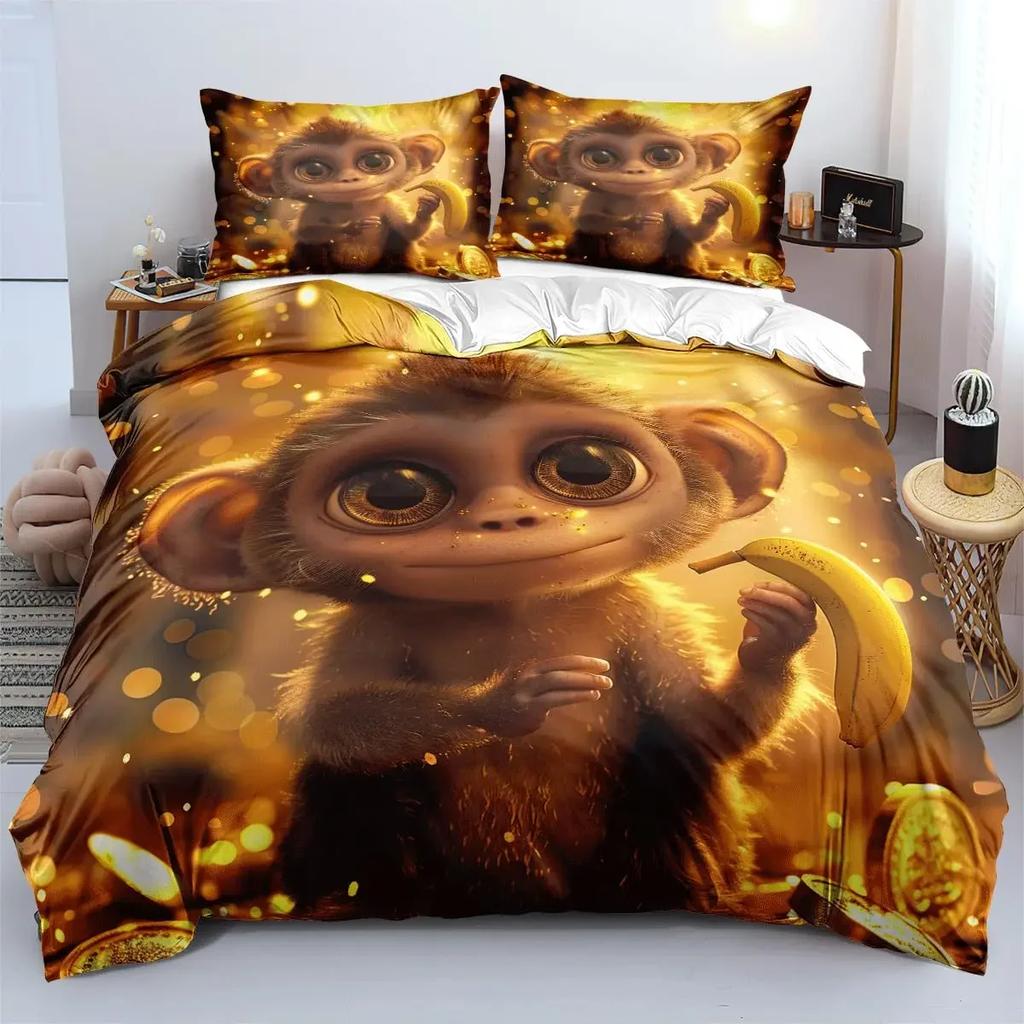 Set Copripiumino Scimmia Carina Set Biancheria da Letto Animale Cartone Animato per Bambini Set Biancheria da Letto Comodo e Caldo Adatto per Bambini Adolescenti