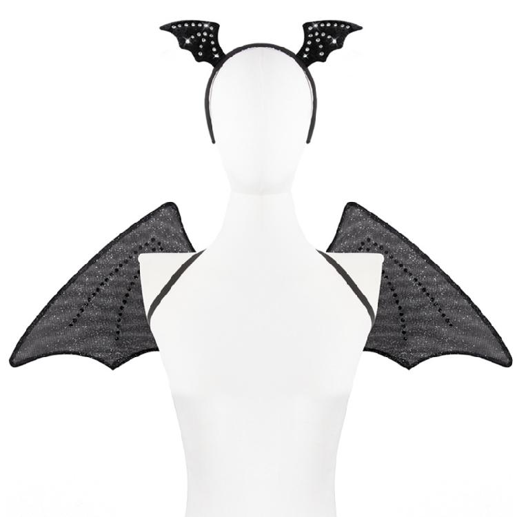 Bat Wing with Headwear Set Black Wing Bats Ears Headband Adults Halloween Wing Vampires Costume Wing