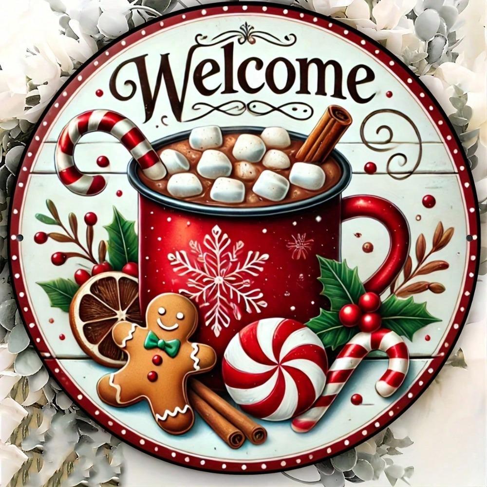 Christmas Welcome Sign Metal Wall Art Round Gingerbread Wreath Decorative Plate 20x20cm