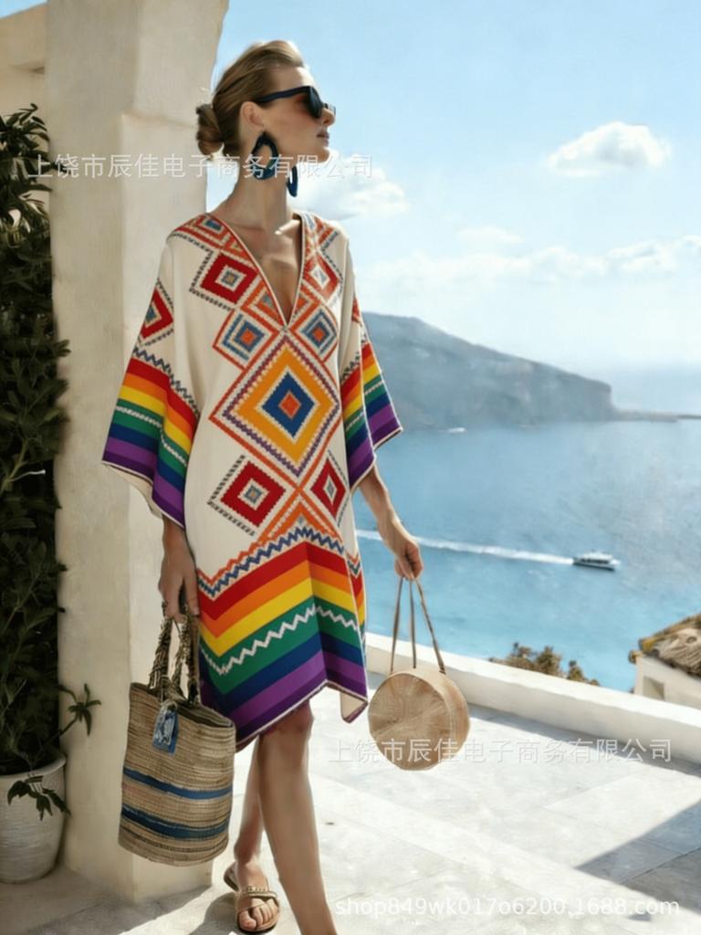 European, American Bohemian Large Size Women's Clothing Casual Loose 3D Printed Dress Robe Bamboo Hemp Others