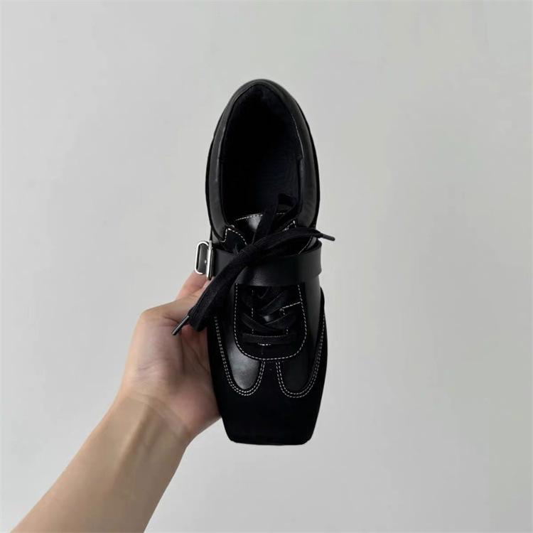 British Small Leather Shoes Inner Height Increase German Training Shoes Women's Retro Square Head Pig Nose French Belt Buckle Single Shoes