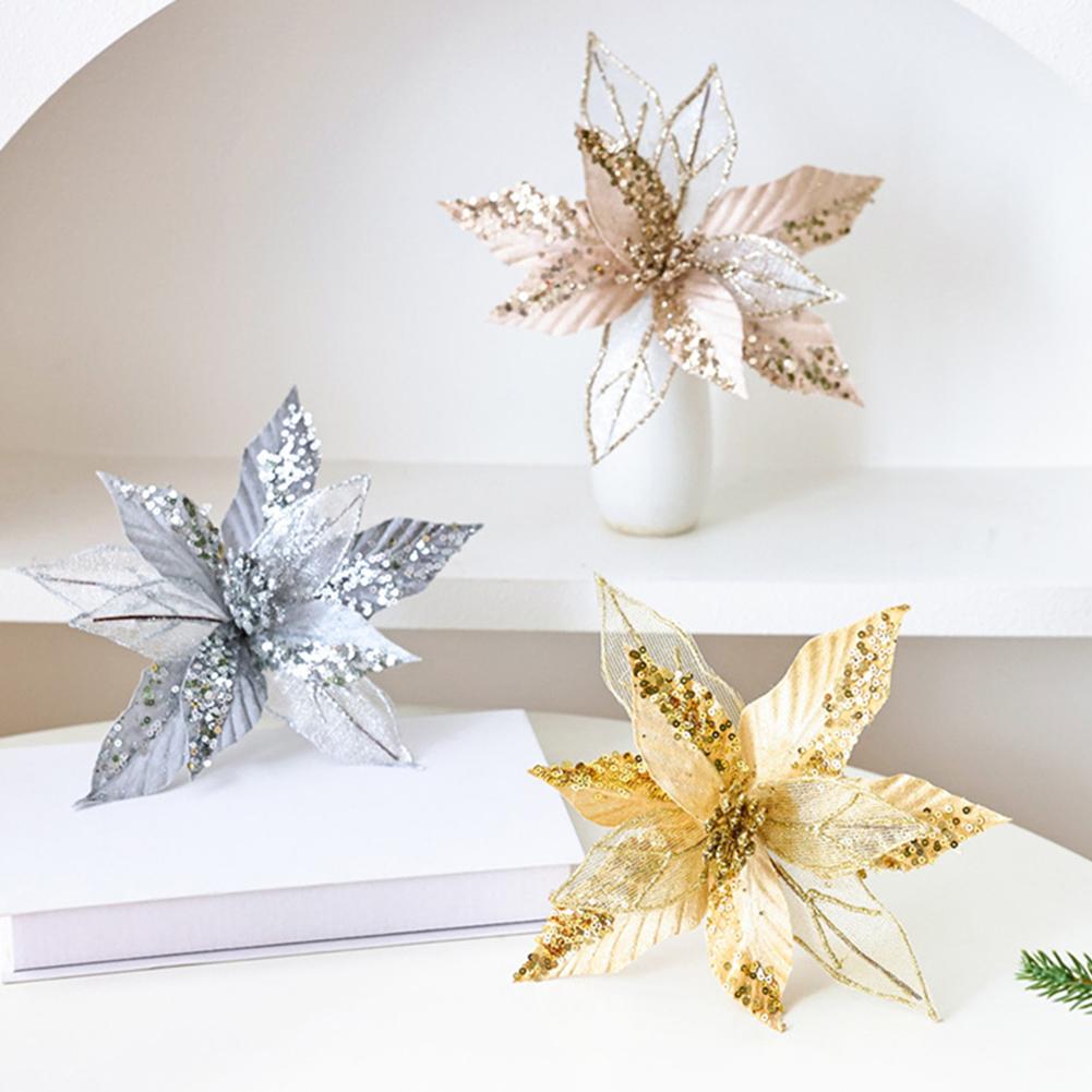 Artificial Holiday Flowers Glitter Poinsettia Flowers Shimmering Stamen Three-Dimensional Design Easy To Use Holiday Decor