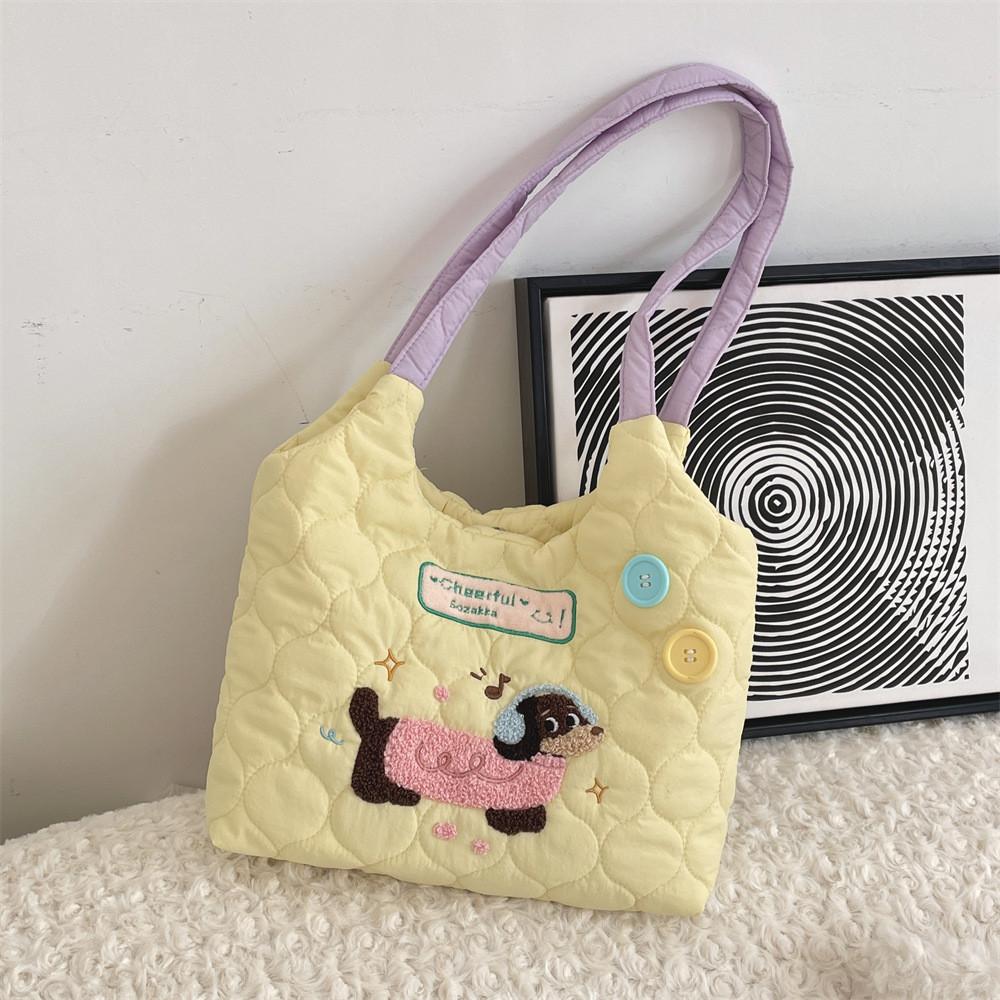 Trendy Street Style Student Tote Bag With Cute Embroidered Dog In Beautiful Hues