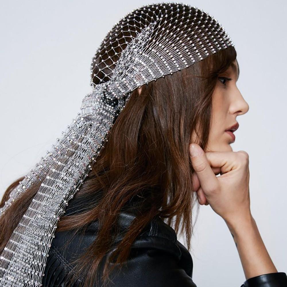 Handmade Hollow Out Fishnet Hat, Rhinestone Fashion Mid-length Fishnet Cap, Trendy Lady Accessory