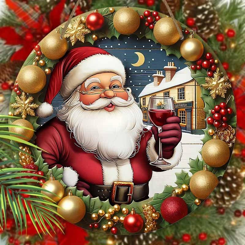 Wooden Christmas Sign with Kindly Santa Claus Pattern - Navidad Round Sign for Front Door Wall Hanging Decor - Ideal Christmas Decoration