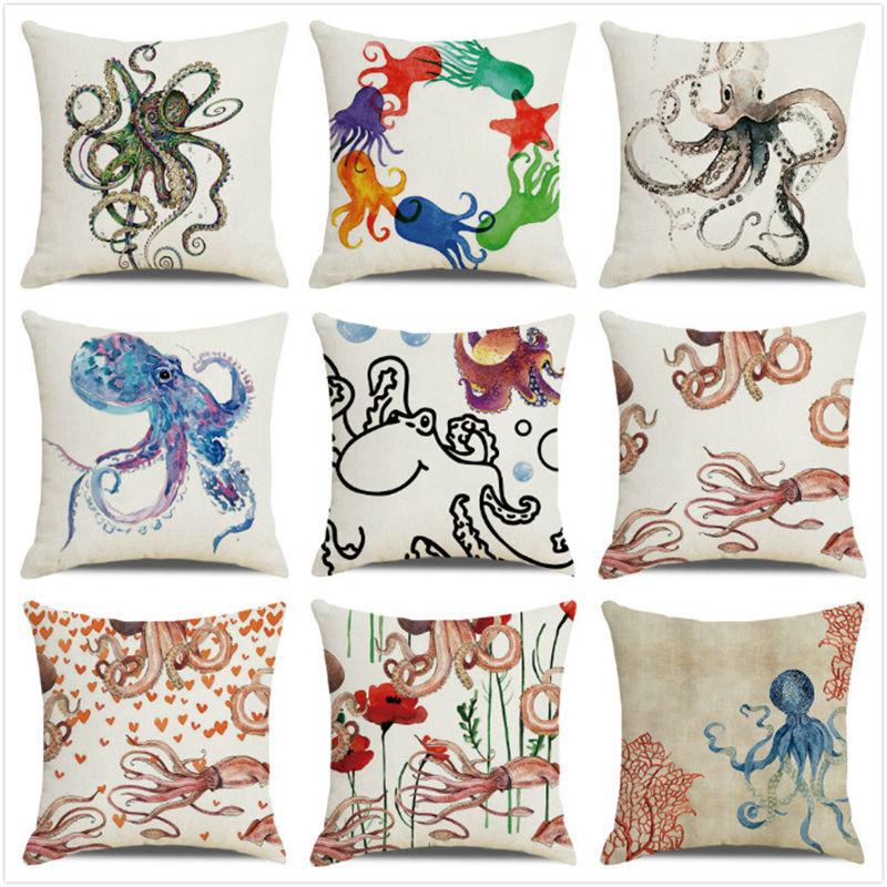 Watercolor Illustration of Octopus Squid Digital Printing Short Plush Pillow Covers for Car Sofa Office Cushion Cover Home Goods