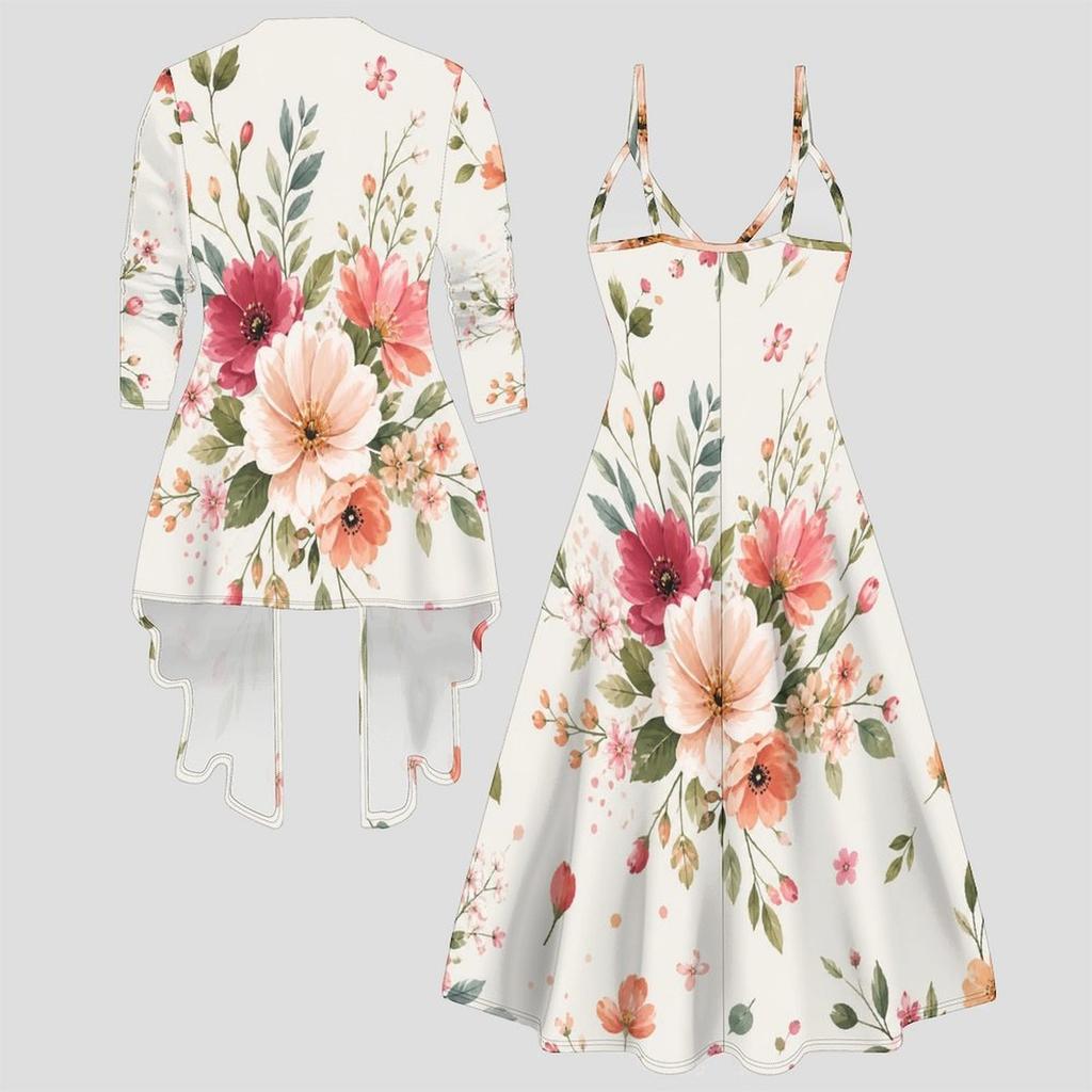 Women Plus Size Two Piece Matching Set Long Sleeve Cover Up Cami Maxi Dress