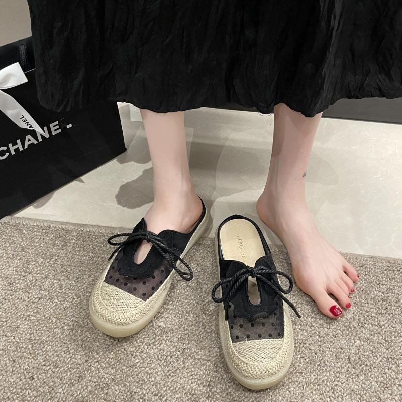 2026  Women's Summer Outdoor Sandals Flat Bottom Casual Style Woven Straw Half Slippers Fashionable Mesh Shoes