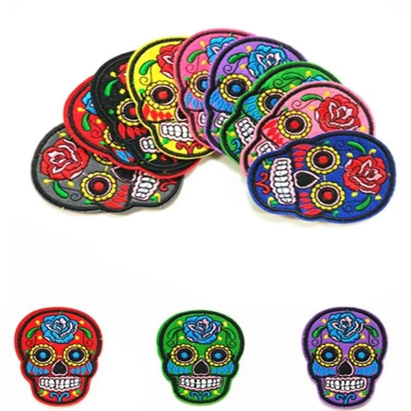 9Pcs/set Of DIY Multicolor Skull Clothing Patch Fashion Jeans Embroidery Fabric Badges In Random Colors
