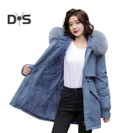 Winter Women Jacket Furry Hood Thickened Plush Long Sleeves Elastic Waist Pockets Zipper Closure Coat Mid Length Windproof Warm Overcoat