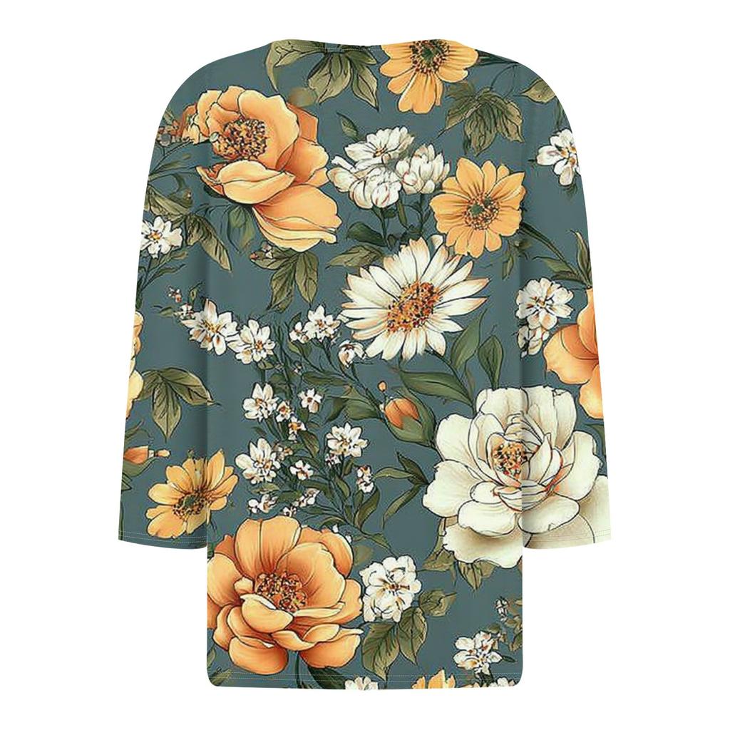 Damska modna, swobodna, kwiatowa, z dekoltem w serek, ozdobnymi guzikami, z rękawem trzy czwarte