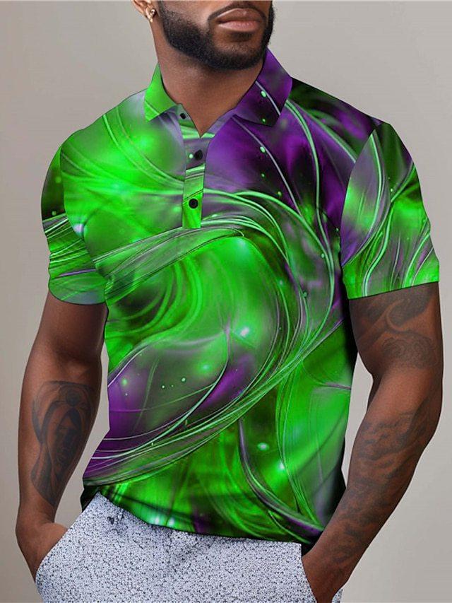 Herren 3D-gedrucktes einfaches atmungsaktives kurzärmeliges Button-Poloshirt