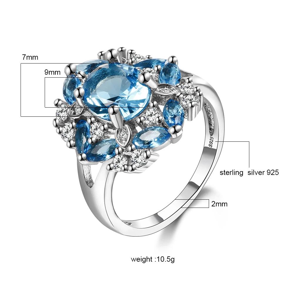 Vintage Floral Natural Blue Topaz  Plated Ring Multi-Gemstone White Zircon Paved Statement Rings Women Fine Jewelry Wedding